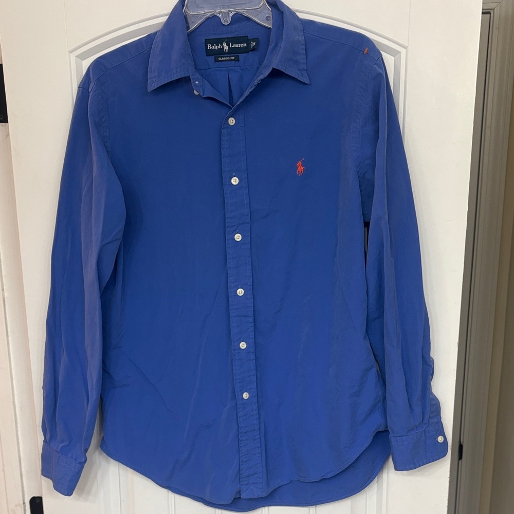 Ralph Lauren Men's Blue Button Down Shirt with orange pony.  Size Medium
